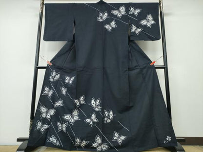 平和屋着物∴夏物　浴衣　有松鳴海絞り　訪問着　舞蝶文　濃紺地　綿　逸品　CABH1341ng