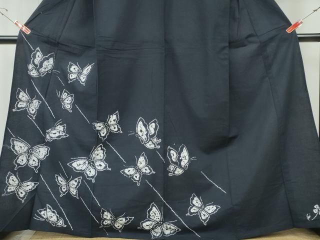 平和屋着物∴夏物　浴衣　有松鳴海絞り　訪問着　舞蝶文　濃紺地　綿　逸品　CABH1341ng