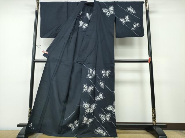 平和屋着物∴夏物　浴衣　有松鳴海絞り　訪問着　舞蝶文　濃紺地　綿　逸品　CABH1341ng