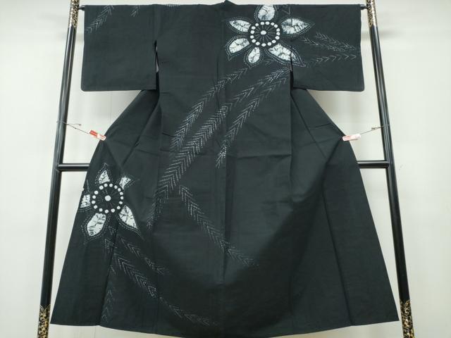 平和屋着物∴夏物　浴衣　有松鳴海絞り　訪問着　舞花枝松　黒地　綿　逸品　CABH1342ng