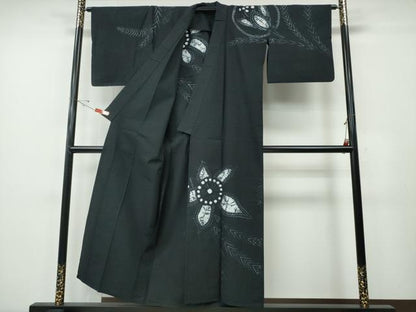 平和屋着物∴夏物　浴衣　有松鳴海絞り　訪問着　舞花枝松　黒地　綿　逸品　CABH1342ng
