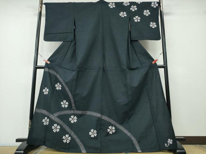 平和屋着物∴夏物　浴衣　有松鳴海絞り　訪問着　舞花文　黒地　綿　逸品　CABH1343ng