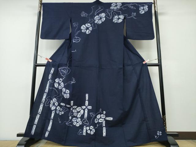 平和屋着物∴夏物　浴衣　有松鳴海絞り　訪問着　朝顔　竹垣文　濃藍色　綿　逸品　CABH1344ng