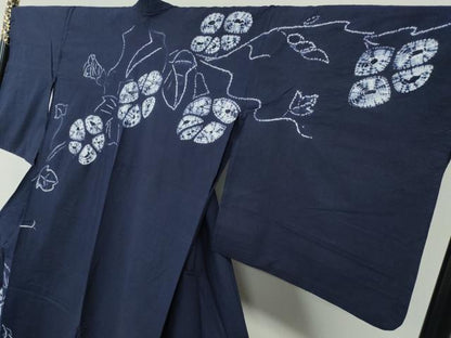 平和屋着物∴夏物　浴衣　有松鳴海絞り　訪問着　朝顔　竹垣文　濃藍色　綿　逸品　CABH1344ng