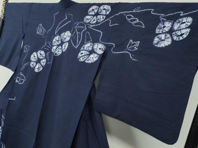 平和屋着物∴夏物　浴衣　有松鳴海絞り　訪問着　朝顔　竹垣文　濃藍色　綿　逸品　CABH1344ng