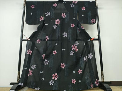 平和屋着物∴夏物　浴衣　有松鳴海絞り　舞桜　黒地　綿　逸品　未使用　CABH1345ng