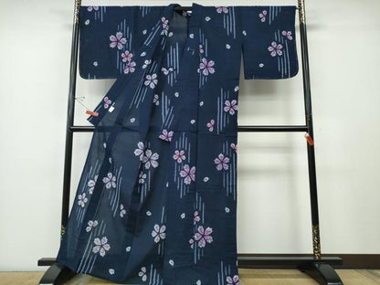 平和屋着物∴夏物　浴衣　有松鳴海絞り　舞桜　濃藍色　綿　逸品　未使用　CABH1346ng