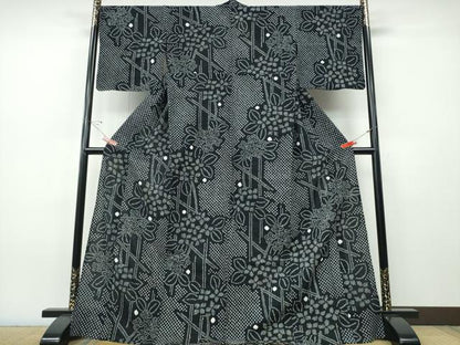 平和屋着物∴夏物　浴衣　有松鳴海絞り　籬紫陽花　黒地　綿　逸品　CABH1356ng