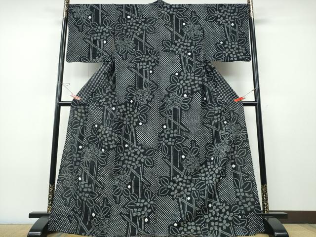 平和屋着物∴夏物　浴衣　有松鳴海絞り　籬紫陽花　黒地　綿　逸品　CABH1356ng