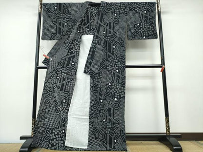 平和屋着物∴夏物　浴衣　有松鳴海絞り　籬紫陽花　黒地　綿　逸品　CABH1356ng