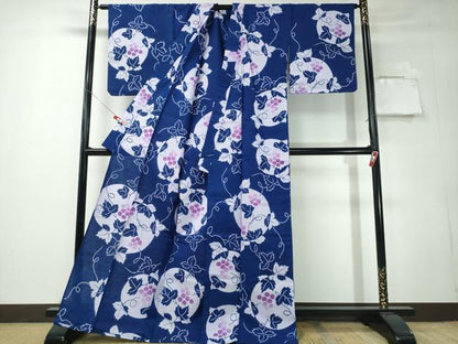 平和屋着物∴夏物　浴衣　満月　葡萄蔦の葉文　綿　逸品　未使用　CABH1389ng