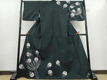 平和屋着物∴夏物　浴衣　訪問着　有松鳴海絞り　団扇吉祥文　黒地　綿　逸品　CABH1391ng
