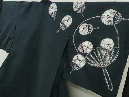平和屋着物∴夏物　浴衣　訪問着　有松鳴海絞り　団扇吉祥文　黒地　綿　逸品　CABH1391ng
