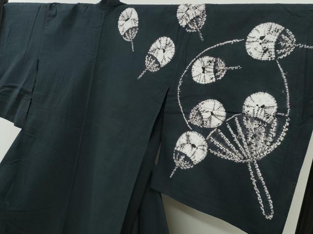平和屋着物∴夏物　浴衣　訪問着　有松鳴海絞り　団扇吉祥文　黒地　綿　逸品　CABH1391ng