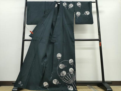 平和屋着物∴夏物　浴衣　訪問着　有松鳴海絞り　団扇吉祥文　黒地　綿　逸品　CABH1391ng