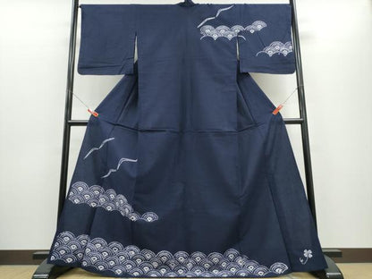 平和屋着物∴夏物　浴衣　訪問着　有松鳴海絞り　青海波飛鳥文　濃藍色　綿　逸品　CABH1392ng