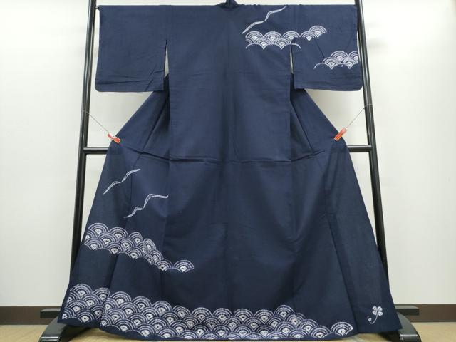 平和屋着物∴夏物　浴衣　訪問着　有松鳴海絞り　青海波飛鳥文　濃藍色　綿　逸品　CABH1392ng
