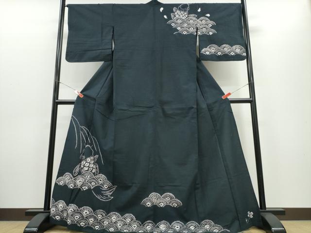 平和屋着物∴夏物　浴衣　訪問着　有松鳴海絞り　鯉の滝登り　黒地　綿　逸品　CABH1393ng
