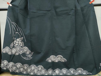 平和屋着物∴夏物　浴衣　訪問着　有松鳴海絞り　鯉の滝登り　黒地　綿　逸品　CABH1393ng