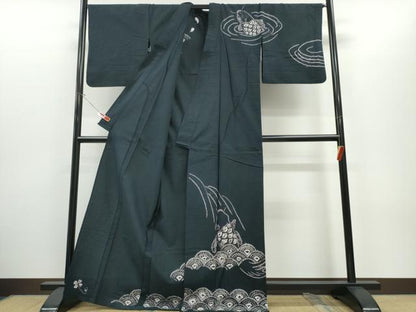 平和屋着物∴夏物　浴衣　訪問着　有松鳴海絞り　鯉の滝登り　黒地　綿　逸品　CABH1393ng