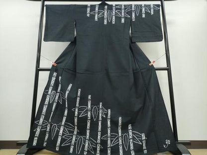 平和屋着物∴夏物　浴衣　訪問着　有松鳴海絞り　笹竹文　黒地　綿　逸品　CABH1395ng