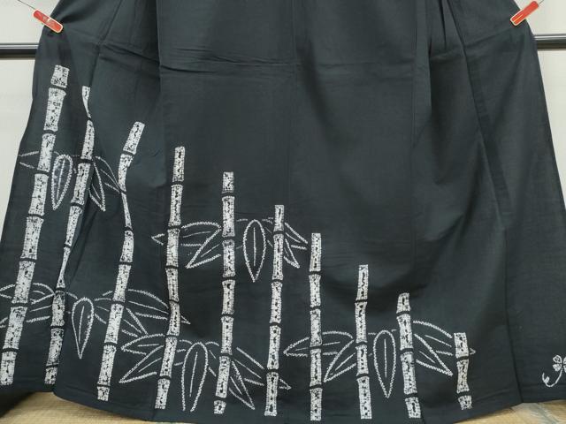 平和屋着物∴夏物　浴衣　訪問着　有松鳴海絞り　笹竹文　黒地　綿　逸品　CABH1395ng