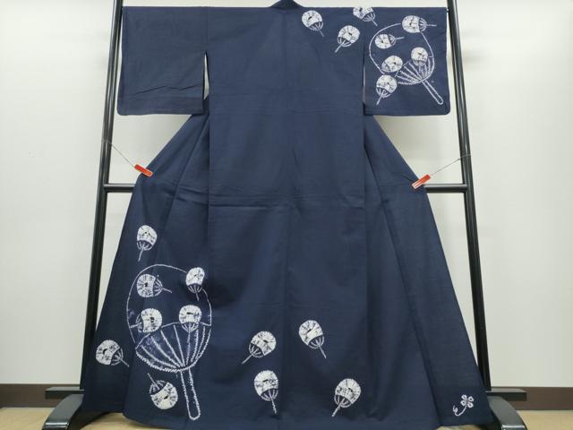 平和屋着物∴夏物　浴衣　訪問着　有松鳴海絞り　団扇重ね文　濃藍色　綿　逸品　CABH1396ng