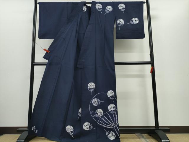 平和屋着物∴夏物　浴衣　訪問着　有松鳴海絞り　団扇重ね文　濃藍色　綿　逸品　CABH1396ng