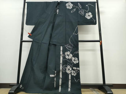 平和屋着物∴夏物　浴衣　訪問着　有松鳴海絞り　朝顔　竹垣文　黒地　綿　逸品　CABH1397ng