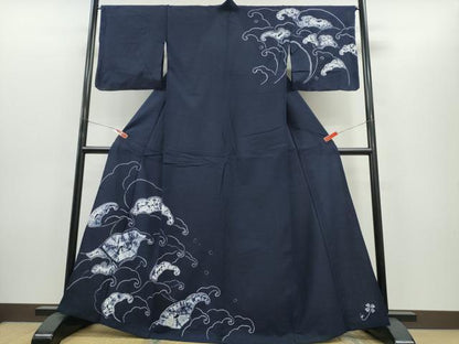 平和屋着物∴夏物　浴衣　訪問着　有松鳴海絞り　立波文　濃藍色　綿　逸品　CABH1398ng