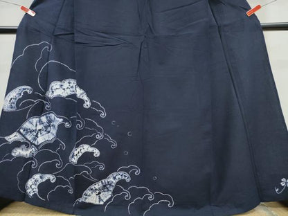 平和屋着物∴夏物　浴衣　訪問着　有松鳴海絞り　立波文　濃藍色　綿　逸品　CABH1398ng