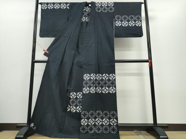 平和屋着物∴夏物　浴衣　訪問着　有松鳴海絞り　七宝文　黒地　綿　逸品　CABH1399ng