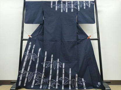 平和屋着物∴夏物　浴衣　訪問着　有松鳴海絞り　笹竹文　濃紺地　綿　逸品　CABH1400ng