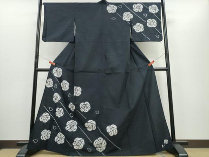 平和屋着物∴夏物　浴衣　訪問着　有松鳴海絞り　薔薇　黒地　綿　逸品　CABH1401ng