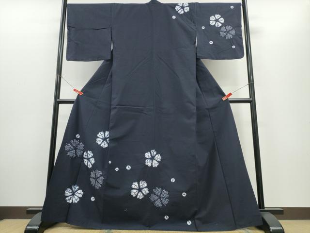 平和屋着物∴夏物　浴衣　訪問着　有松鳴海絞り　舞花文　濃紺地　綿　逸品　CABH1402ng