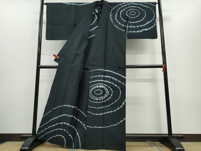平和屋着物∴夏物　浴衣　訪問着　有松鳴海絞り　渦巻文　黒地　綿　逸品　CABH1406ng