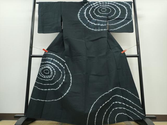 平和屋着物∴夏物　浴衣　訪問着　有松鳴海絞り　渦巻文　黒地　綿　逸品　CABH1406ng