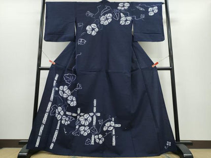 平和屋着物∴夏物　浴衣　訪問着　有松鳴海絞り　朝顔　竹垣文　濃藍色　綿　逸品　CABH1407ng