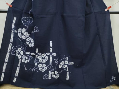 平和屋着物∴夏物　浴衣　訪問着　有松鳴海絞り　朝顔　竹垣文　濃藍色　綿　逸品　CABH1407ng