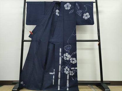 平和屋着物∴夏物　浴衣　訪問着　有松鳴海絞り　朝顔　竹垣文　濃藍色　綿　逸品　CABH1407ng