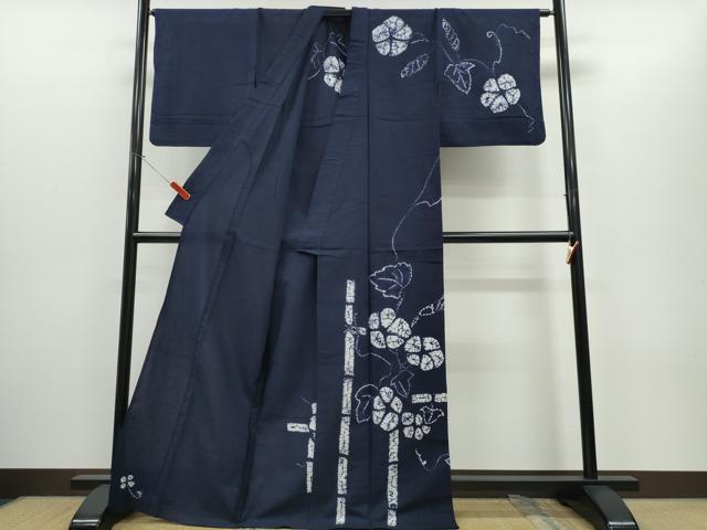 平和屋着物∴夏物　浴衣　訪問着　有松鳴海絞り　朝顔　竹垣文　濃藍色　綿　逸品　CABH1407ng