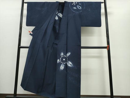 平和屋着物∴夏物　浴衣　訪問着　有松鳴海絞り　枝葉舞花文　濃紺地　綿　逸品　CABH1408ng