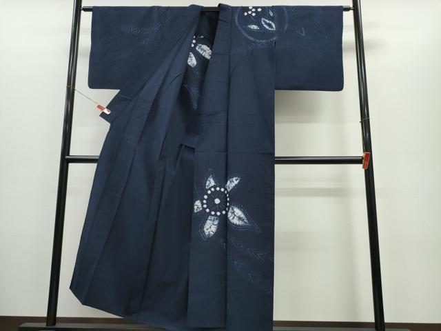 平和屋着物∴夏物　浴衣　訪問着　有松鳴海絞り　枝葉舞花文　濃紺地　綿　逸品　CABH1408ng