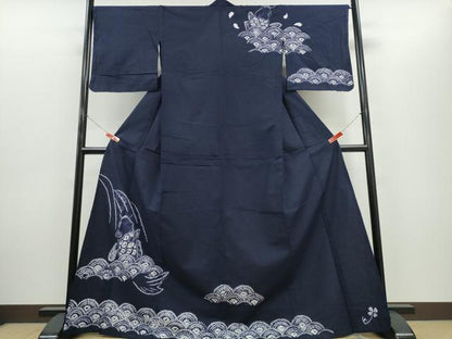 平和屋着物∴夏物　浴衣　訪問着　有松鳴海絞り　鯉の滝登り　濃藍色　綿　逸品　CABH1409ng