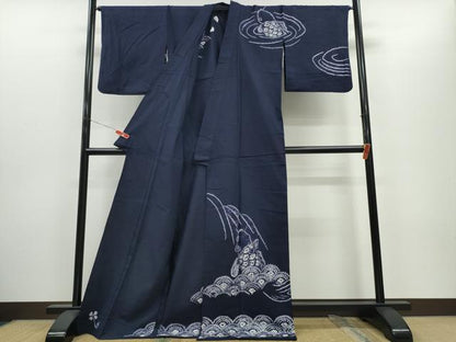 平和屋着物∴夏物　浴衣　訪問着　有松鳴海絞り　鯉の滝登り　濃藍色　綿　逸品　CABH1409ng