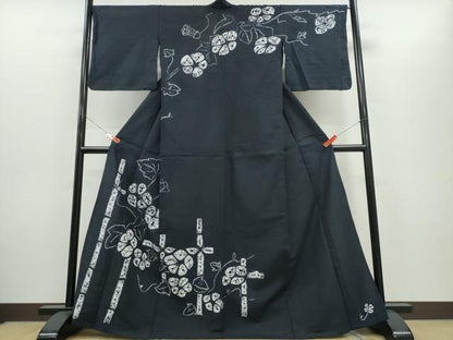 平和屋着物∴夏物　浴衣　訪問着　有松鳴海絞り　朝顔竹垣文　黒地　綿　逸品　CABH1410ng