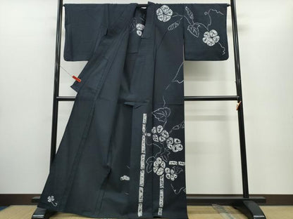 平和屋着物∴夏物　浴衣　訪問着　有松鳴海絞り　朝顔竹垣文　黒地　綿　逸品　CABH1410ng
