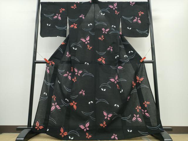 平和屋着物∴夏物　浴衣　有松鳴海絞り　芝草舞蝶文　黒地　綿　逸品　未使用　CABH1413ng