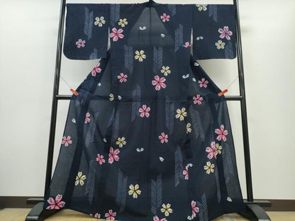 平和屋着物∴夏物　浴衣　有松鳴海絞り　舞桜　濃紺地　綿　逸品　未使用　CABH1414ng