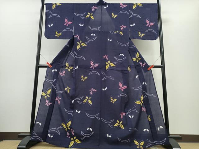平和屋着物∴夏物　浴衣　有松鳴海絞り　雪芝舞蝶文　深紫色　綿　逸品　未使用　CABH1415ng
